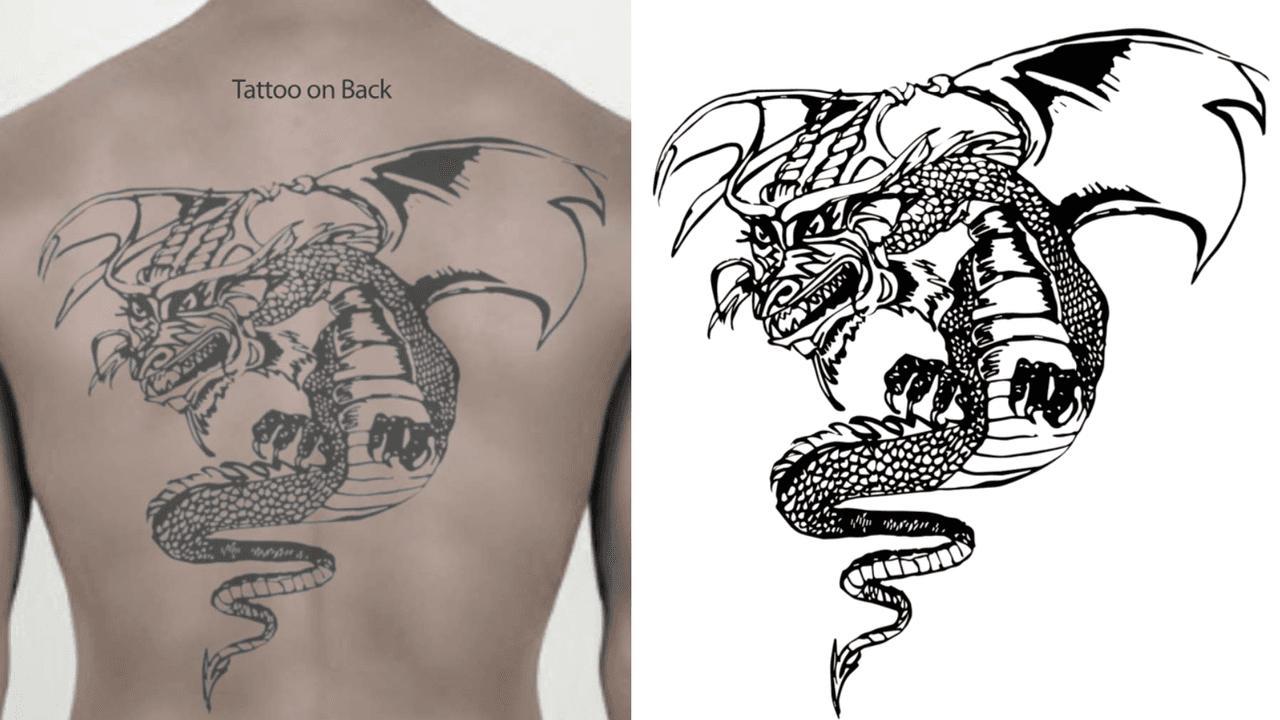 Esta es una reconstrucción del torso con el tatuaje del dragón hallado en un predio al sur de San Antonio.