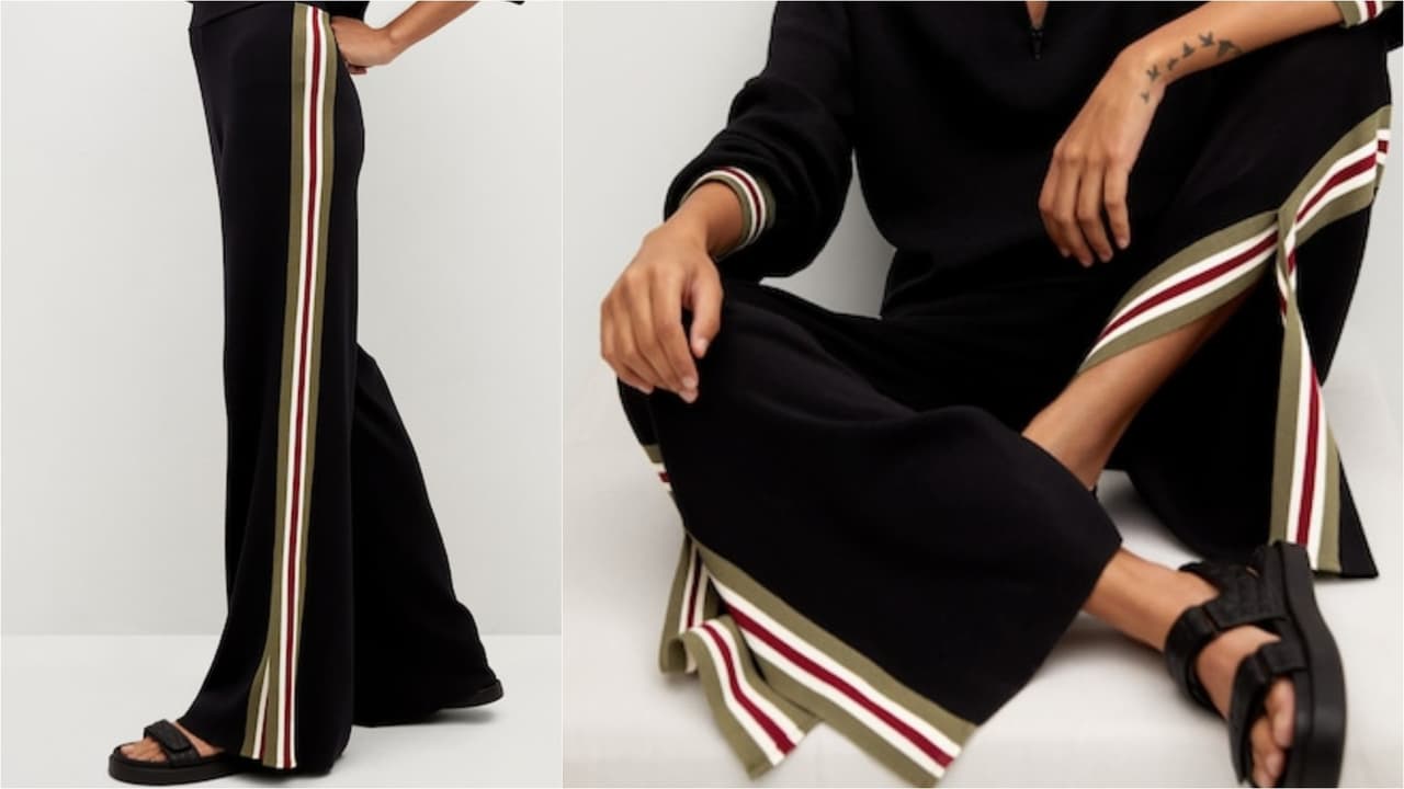 <a href="https://shop.mango.com/us/women/pants-wideleg/contrasting-bands-knit-trousers_87095716.html" target="_blank">Pantalón de punto</a> con raya de punto de Mango. Precio: $79.99
<br>
<br>Para las que no quieren un total look, los pantalones y faldas con una línea lateral de estilo deportivo generan el mismo efecto.