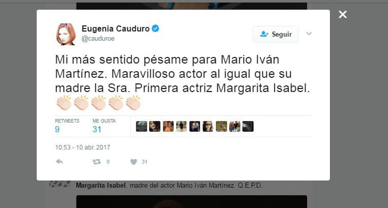 <b><a href="http://www.univision.com/temas/eugenia-cauduro">Eugenia</a></b> le dio el pésame al hijo de la actriz, Mario Iván, quien también es actor de telenovelas y famoso cuentacuentos.