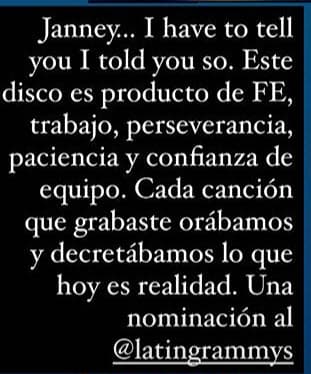 "Janney (nombre real de Chiquis), 
<b><a href="https://www.univision.com/famosos/los-videos-de-chiquis-rivera-y-lorenzo-mendez-por-los-que-nunca-pensamos-que-se-separarian-video" target="_blank">tengo que decirte 'te lo dije'</a>. </b>Este disco es producto de fe, trabajo, perseverancia, paciencia y confianza de equipo", escribió en las primeras líneas de su mensaje. 
<br>