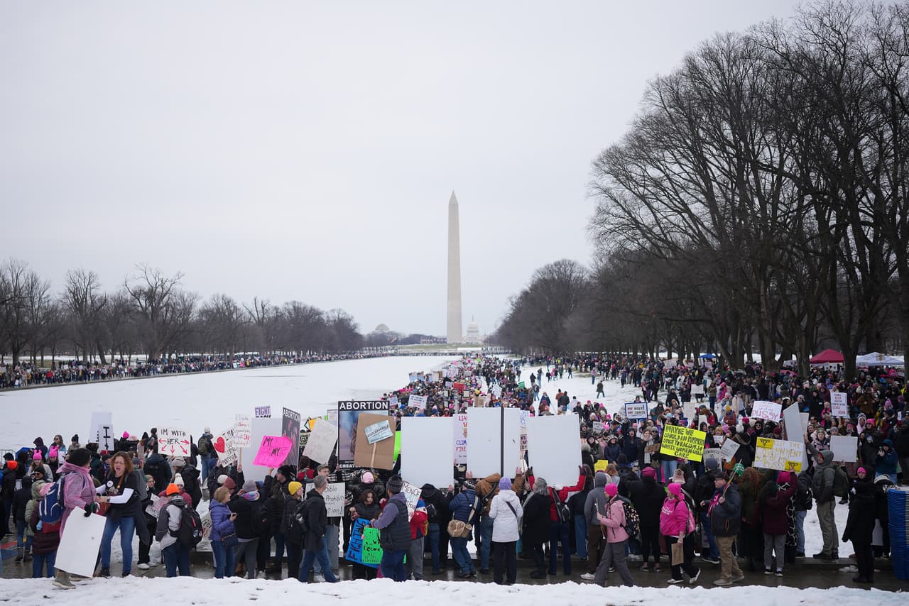 *
<i>Manifestantes que representan a una variedad de grupos de derechos humanos asisten a la "Marcha del Pueblo en Washington" el 18 de enero de 2025 en Washington, DC. Los activistas se manifestaron en oposición a los objetivos políticos de la administración entrante de Trump dos días antes de la investidura presidencial. </i>