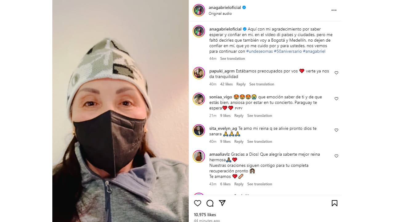 Ana Gabriel informa sobre su mejoría de salud.