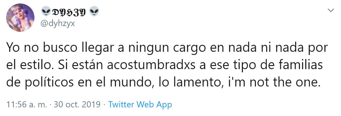 El pasado 30 de octubre el joven de 24 años se defendió en Twitter de quienes especularon que buscaría ocupar un lugar en el gobierno de su padre.
<br>