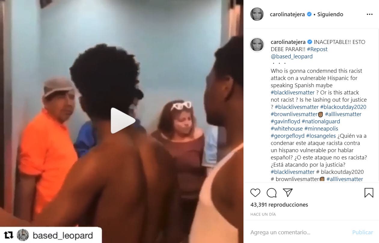 "¿Quién va a condenar este ataque racista contra un hispano vulnerable por hablar español? 
<b>¿O este ataque no es racista?</b> ¿Está atacando por la justicia?", escribió la actriz al lado del clip.
<br>
