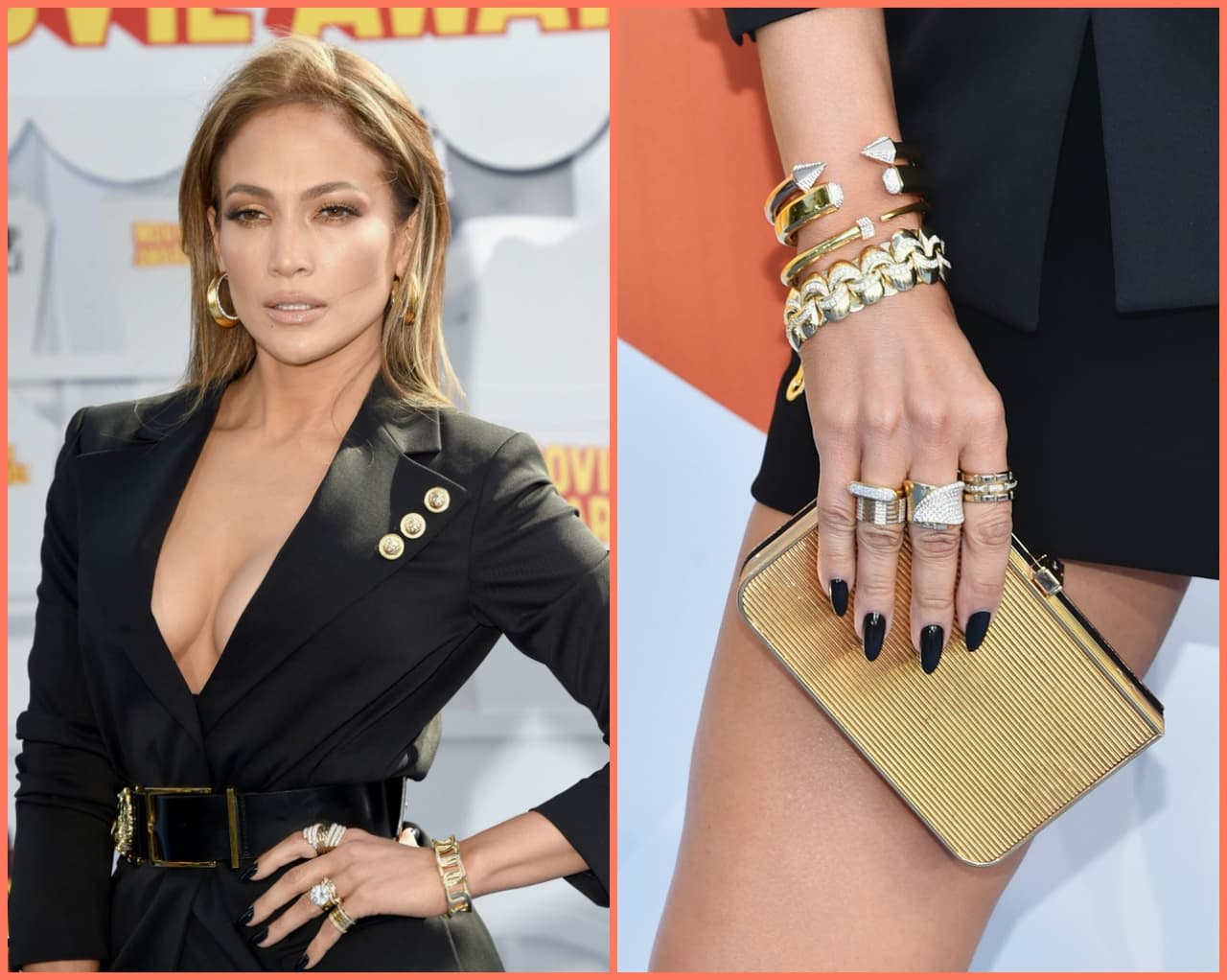 Pero siempre logra las combinaciones más perfectas, como este outfit negro con accesorios en dorado se ve súper cool y ella sabe que sus uñas deben ser el toque ideal.