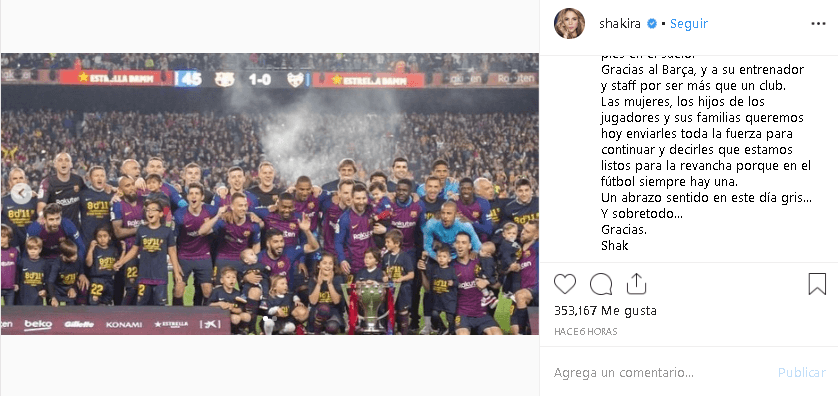 “Gracias porque 
<b><a href="https://www.univision.com/deportes/futbol/uefa-champions-league/las-derrotas-mas-dolorosas-del-barcelona-en-la-champions-league-los-ultimos-cinco-anos-video">en la derrota también crecemos.</a></b> Gracias por enseñarnos que no pueden desvanecerse los momentos buenos cuando fallamos”, prosiguió la colombiana.