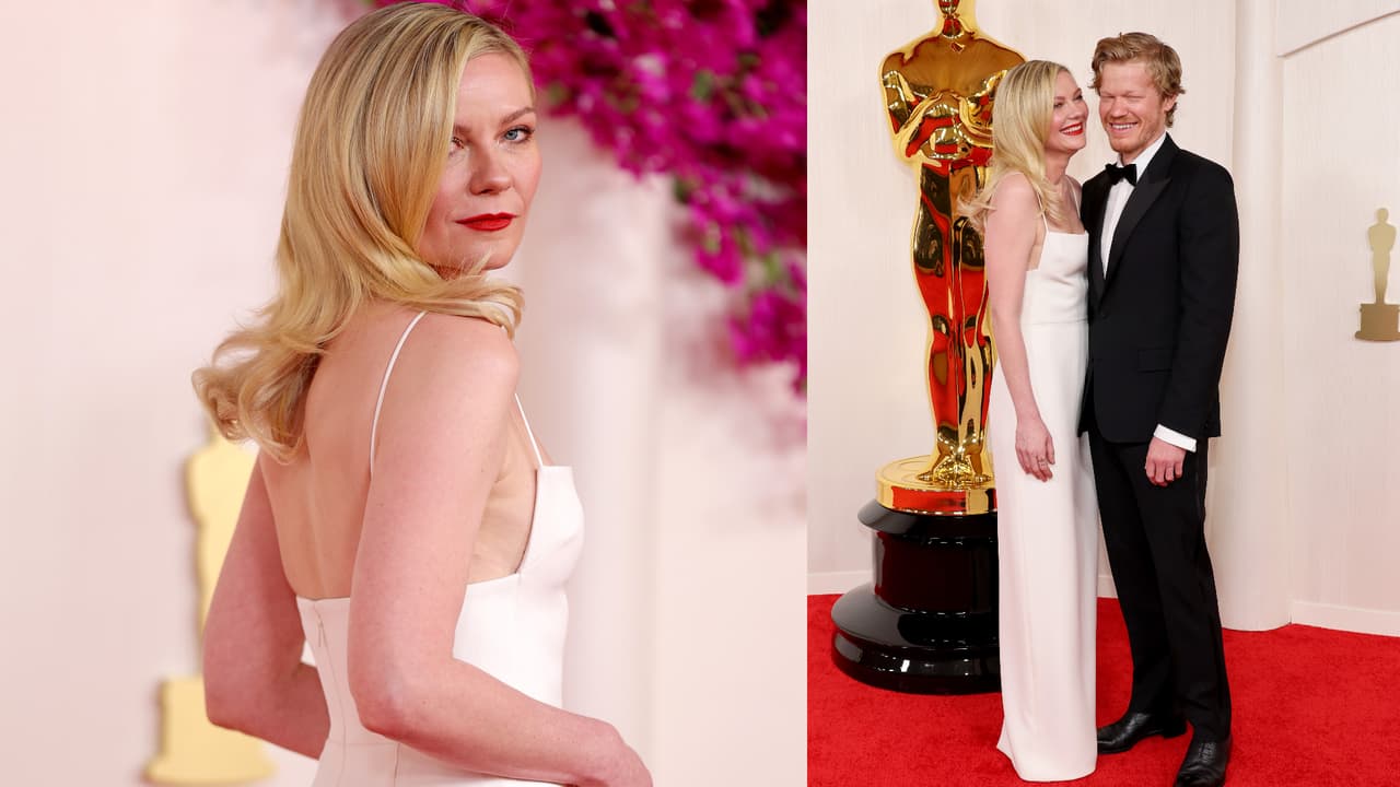 Kirsten Dunst con un vestido Tom Ford junto a Jesse Plemon.