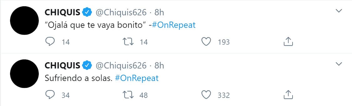 Por la madrugada del lunes 21, continuó publicando más títulos de canciones de desamor, como '
<b><a href="https://www.youtube.com/watch?v=nqtocPIQqLE" target="_blank">Sufriendo a solas'</a></b> y '
<b><a href="https://www.youtube.com/watch?v=SVs-ChUc5UQ" target="_blank">Ojalá que te vaya bonito'</a></b>. 
<br>
