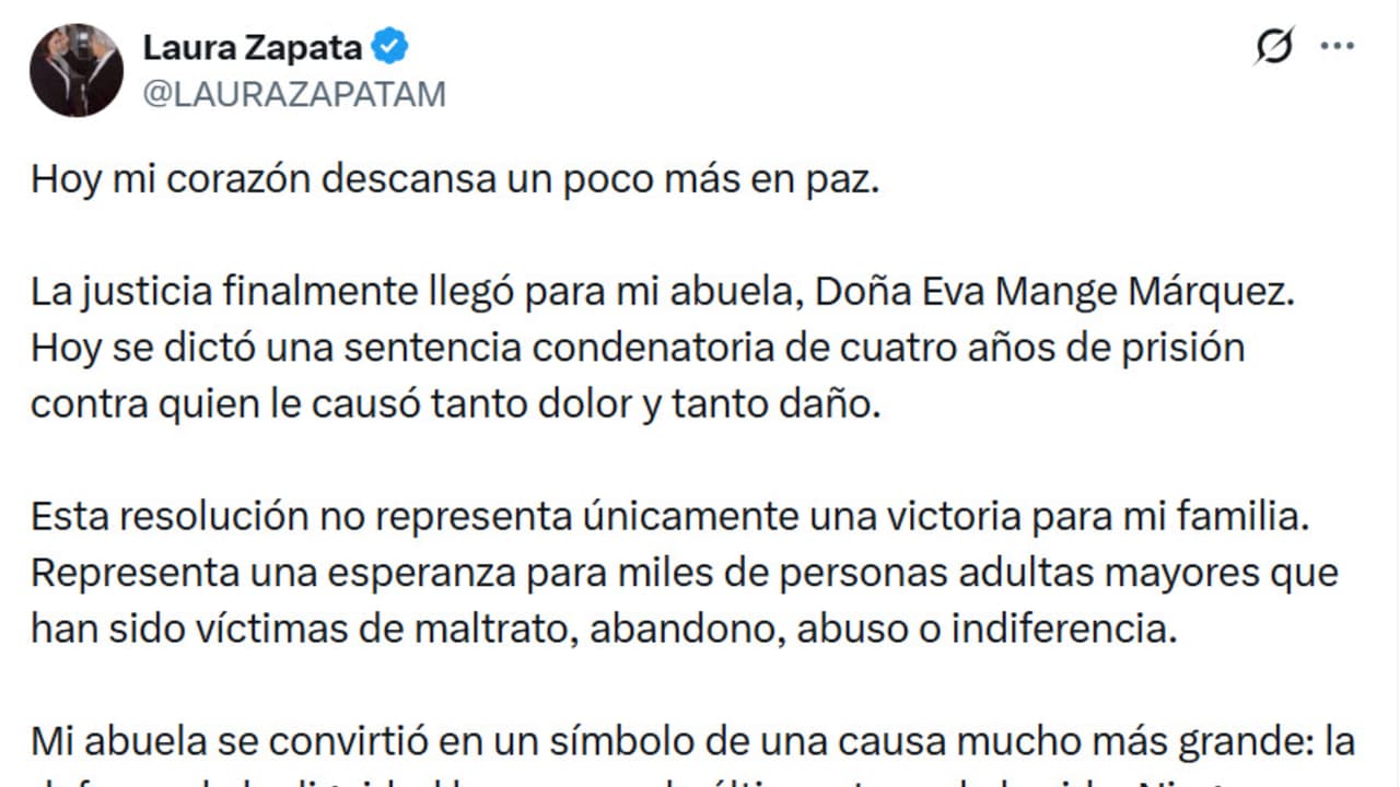 Laura Zapata dio a conocer así la sentencia de 4 años de cárcel que recibió la enfermera que estuvo a cargo del cuidado de su fallecida abuela.