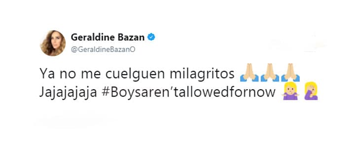 Por eso la actriz publicó el siguiente mensaje en Twitter para terminar por completo con los rumores: "Ya no me cuelguen milagritos. Jajajajaja Los muchachos no están permitidos por ahora".
