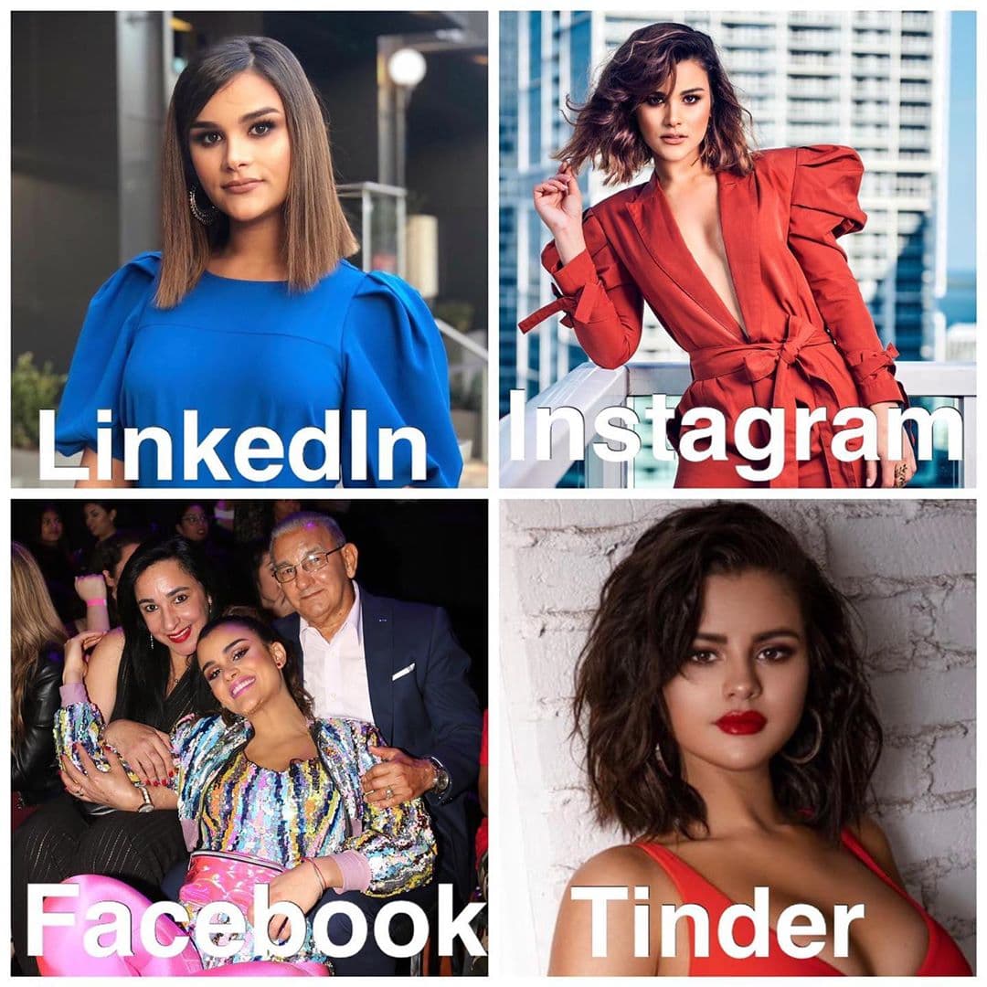 La presentadora dominicana aseguró que no tiene Tinder, por lo que aprovechó su parecido con Selena Gómez para poner su foto en el lugar que le correspondía al de la aplicación.