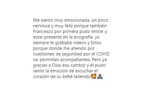 Hace unas semanas compartió que su esposo Francesco Zampogna la pudo acompañar en una ecografía en la que vieron juntos por primera vez a su bebé.
