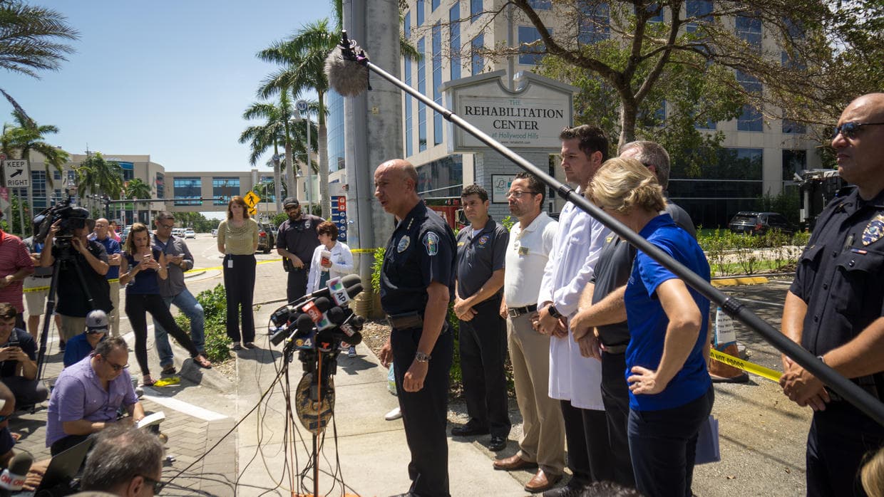Authorities offer a press conference outside the Hollywood Hills Rehabilitation Center owned by Jack Jacob Michel and where eight elderly people died after it lost power due to Hurricane Irma.