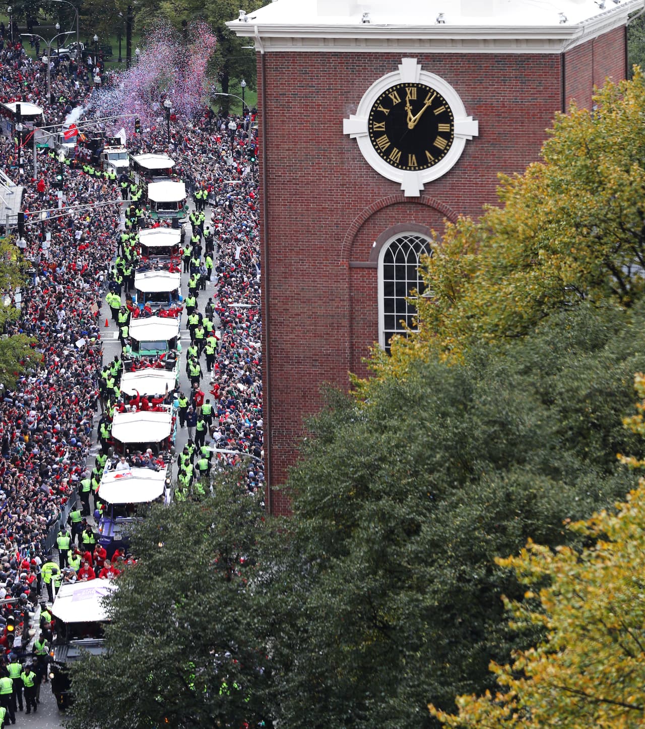 BOSTON, MA - OCTOBER 31: The Boston Red Sox ride in duck boats on Tremont Street past Park Street Church during the Boston Red Sox Victory Parade on October 31, 2018 in Boston, Massachusetts. (Photo by Maddie Meyer/Getty Images)