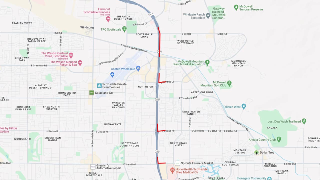 <b>Circuito 101 norte</b>
<br>El Loop 101 en dirección norte estará cerrado en Frank Lloyd Wright Boulevard desde las 10 p.m. del viernes 9 de agosto, hasta las 5 a.m. del lunes 12 de agosto.
<br>
<br>Las rampas de entrada a el Loop 101 en dirección norte en Shea Boulevard, Cactus Road y Raintree Drive estarán cerradas. 
<br>
<br>
<b>Rutas alternas</b>
<br>El tráfico se desviará por la vía de servicio en dirección norte, hacia la rampa de entrada en Princess Drive/Pima Road.