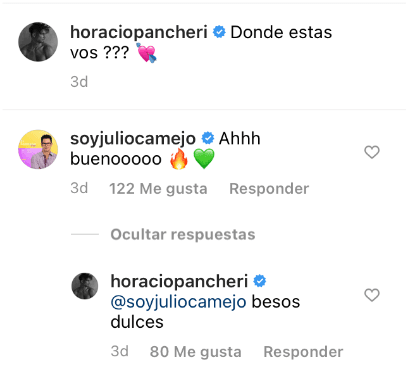 Julio Camejo también dejó un comentario, al que Horacio Pancheri respondió: "Besos dulces".