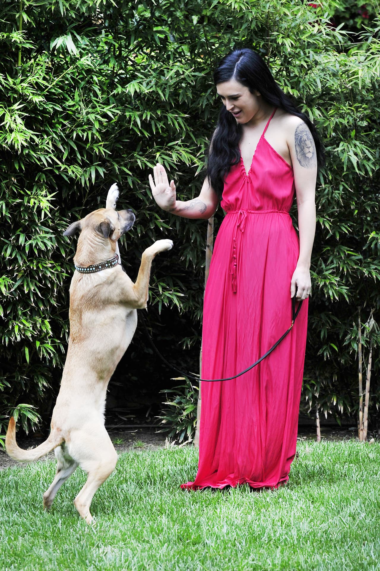 La doble de Demi Moore estaba practicando trucos con su perrito.