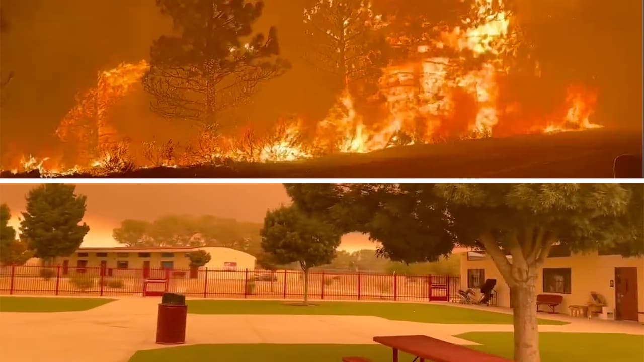 La secundaria Riverside Preparatory, en Oro Grande, California, está ubicada cerca de las zonas donde arden dos grandes incendios forestales: el Bridge Fire y el Line Fire. Una maestra publicó imágenes de cómo se ve el cielo en la escuela y dijo que los niños tosían y les ardían los ojos.