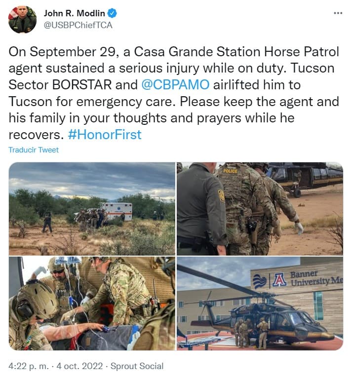 John Modlin, jefe de la Patrulla Fronteriza en el sector Tucson, informó a través de Twitter la desafortunada lesión de un agente.