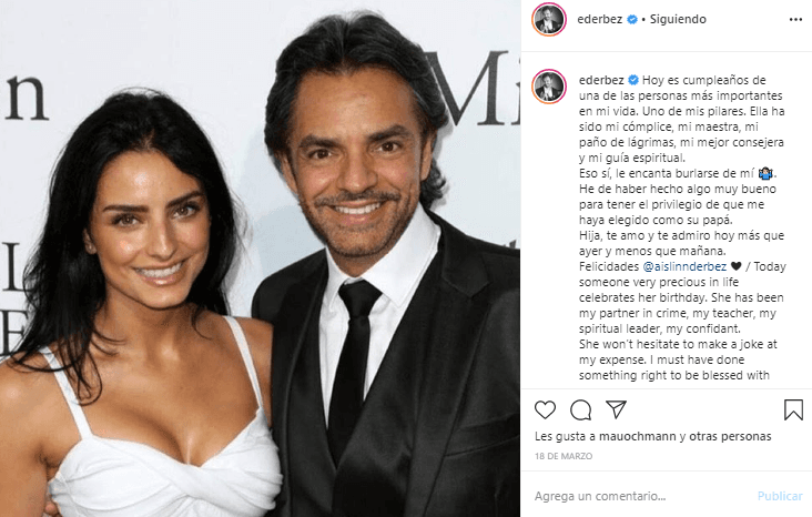 En su cumpleaños 33, Eugenio Derbez enterneció las redes con un emotivo mensaje para Aislinn: “…
<b>He de haber hecho algo muy bueno para tener el privilegio de que me haya elegido como su papá.</b> Hija, te amo y te admiro hoy más que ayer y menos que mañana”, escribió.