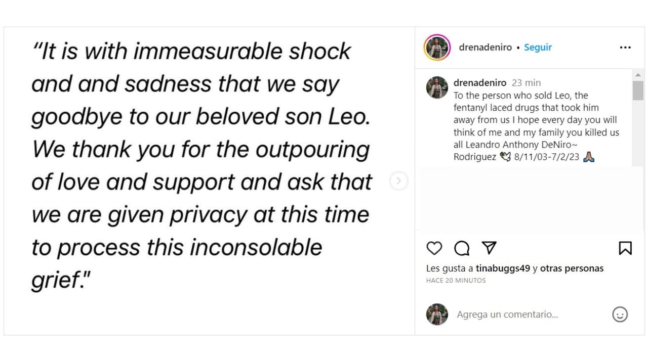 Mamá de Leandro De Niro publicó este mensaje en su cuenta de Instagram.