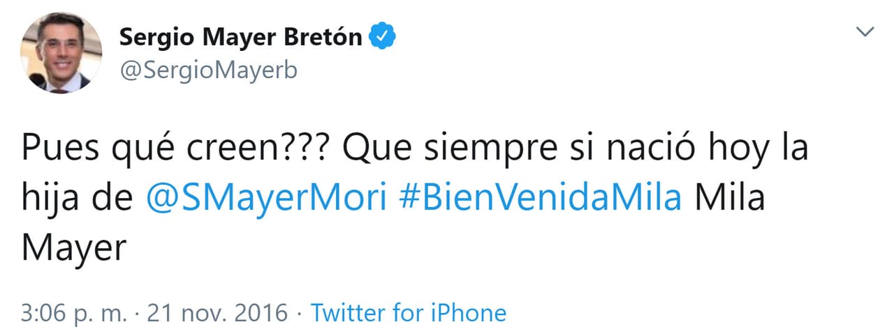 <b>Mila nació el 21 de noviembre de 2016</b>, fue el feliz abuelo quien compartió la noticia a través de su cuenta de Twitter.
<br>
