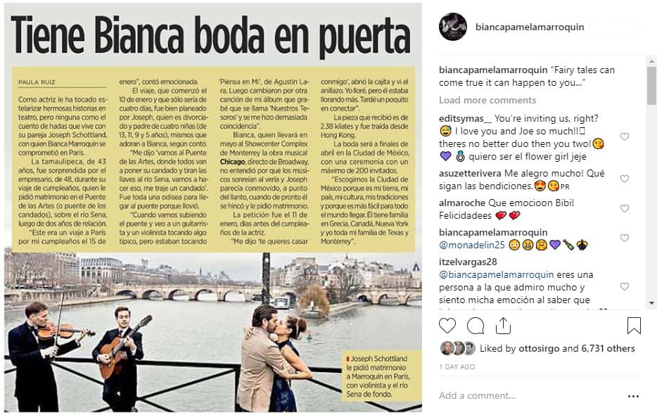 Bianca recibió el anillo de compromiso en enero pasado durante un viaje a París, Francia. La también cantante relató la escena en el programa de Javier: "Me dijo: 'Vamos al Puente de las Artes, donde todos van a poner su candado y tiran las llaves al río Sena. Vamos a hacer eso. Me traje un candado'. Cuando íbamos subiendo el puente, vi a un guitarrista y a un violinista tocando 'Piensa en mí', de Agustín Lara. Luego, cambiaron por otra canción del álbum que grabé, que se llama ‘Nuestros tesoros’, y se me hizo demasiada coincidencia".