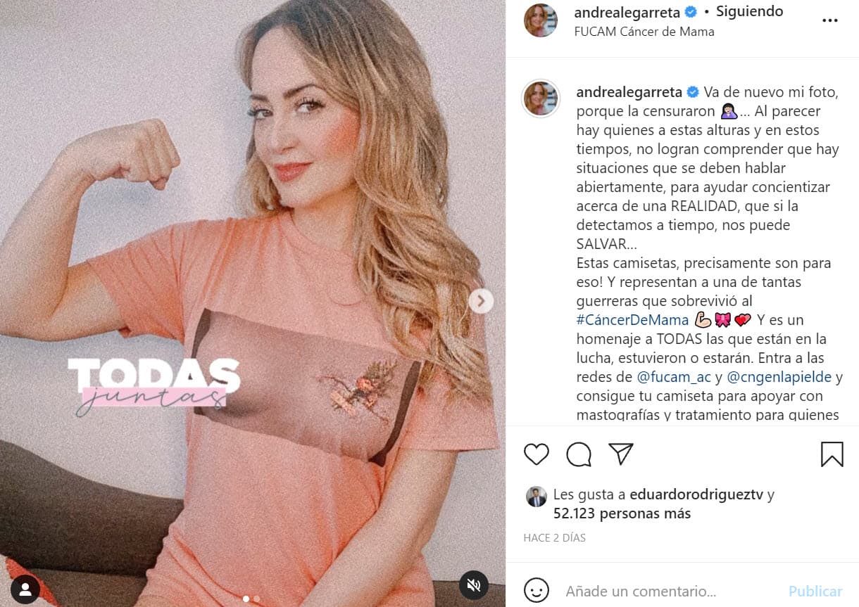 Sin embargo, después ya no apareció y en su lugar salió una nueva publicación en su cuenta. Era la misma foto, solo que esta vez tapando la parte en donde se veía el seno sano. 
<br>