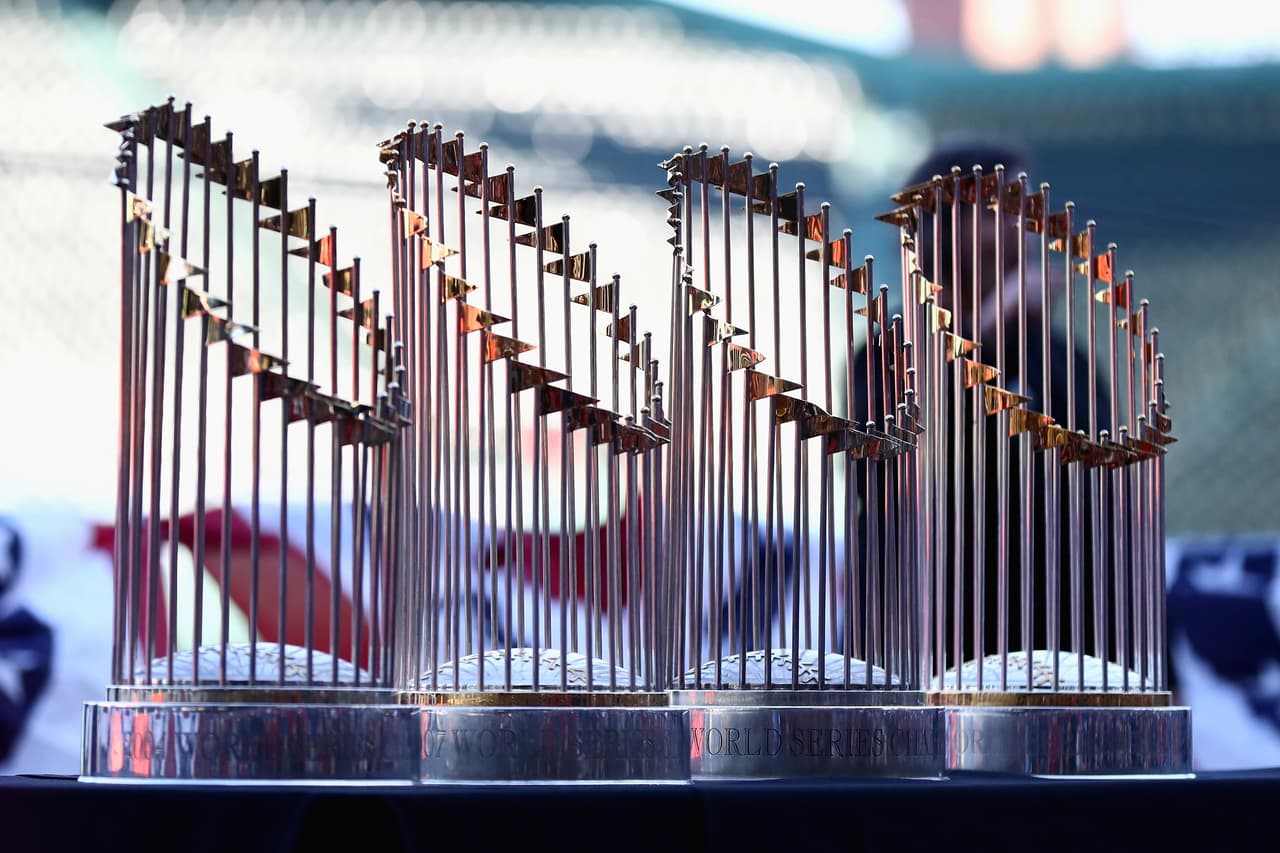 BOSTON, MA - OCTOBER 31: The Boston Red Sox World Series Trophies on display at Fenway Park before the Victory Parade around Boston on October 31, 2018 in Boston, Massachusetts. The Red Sox defeated the Los Angeles Dodgers to win the 2018 World Series. (Photo by Omar Rawlings/Getty Images)