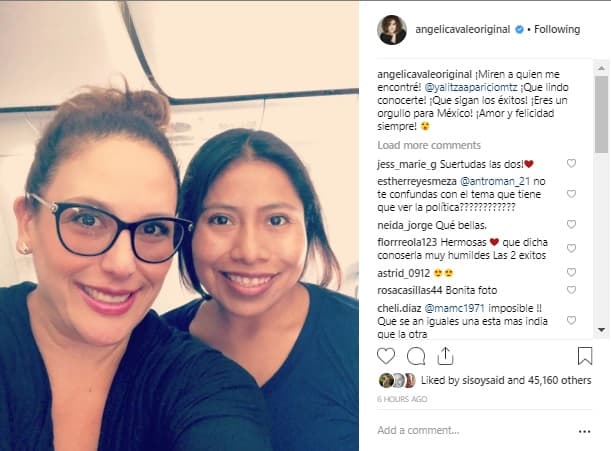 "¡Miren a quién me encontré! Yalitza Aparicio, que lindo conocerte, ¡Que sigan los éxitos! ¡Eres un orgullo para México, amor y felicidad siempre!, fue el mensaje que escribió Angélica en su cuenta de Instagram acompañando la instantanea.