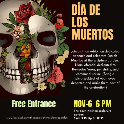 <b><a href="https://www.eventbrite.com/e/dia-de-los-muertos-tickets-196152626787?aff=ebdssbdestsearch" target="_blank">Day of the Dead at The Open Kitchen Sculpture Garden (6 de noviembre)</a></b>: Disfruta de una exhibición dedicada al Día de los Muertos que contará con música, comida, pan de muerto tradicional, chocolate, tamales y más.