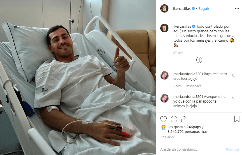 Ese mismo día, Iker Casillas informó a través de Instagram, que se encontraba estable. “Todo controlado por aquí, un susto grande, pero con las fuerzas intactas”, dijo el guardameta, quien agradeció las muestras de cariño.