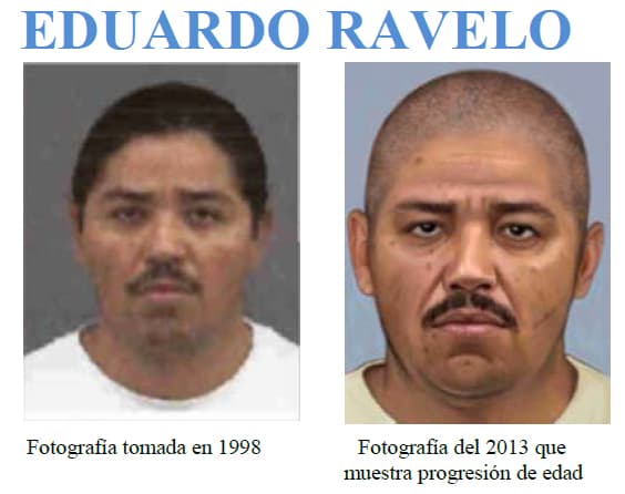 Es uno de los 10 más buscado por el FBI, por crimen organizado, lavado de dinero y narcotráfico. Se sabe que es un dirigente de la pandilla Barrio Azteca y sirven de "asesinos a sueldo" para la organización narcotraficante Vicente Carrillo Fuentes, responsables de numerosos asesinatos. Ravelo está vinculado con México y Texas. Es posible que se haya hecho una cirugía plástica y alterado las impresiones dactilares.