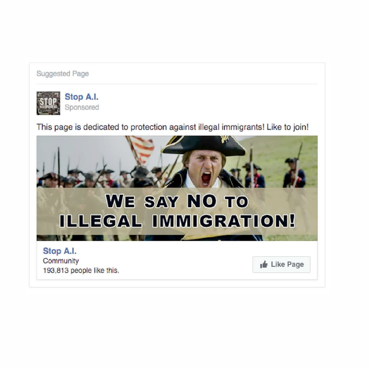 <b>Anuncio 1325.</b> “¡Esta página está dedicada a la protección contra inmigrantes ilegales! Dale 'me gusta' para unirte!” “ Decimos no a la inmigración Ilegal”. 
<br>
<b>Costo:</b> 11,601.81 Rublos (185.96 dólares).