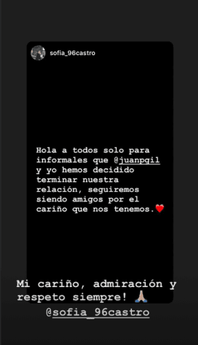 Con este mensaje, publicado en Instagram el 21 de junio, la pareja
<b> <a href="https://www.univision.com/famosos/se-confirman-las-sospechas-sofia-castro-y-juan-pablo-gil-anuncian-el-fin-de-su-relacion-fotos" target="_blank">confirmó su separación</a></b> y aclaró que terminaron de manera cordial.