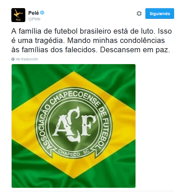 A través de las redes sociales, Pelé envió sus condolencias a las familias de las víctimas.