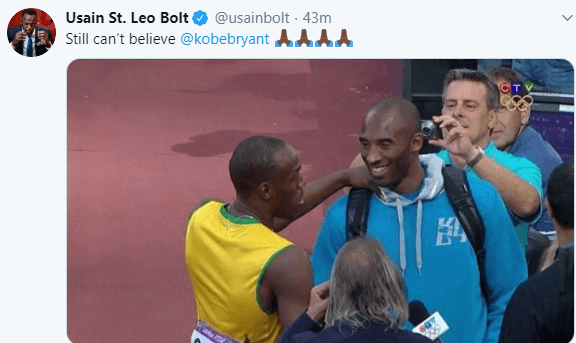 El campeón olímpico y poseedor del récord en las carreras de 100 y 200 mts planos, 
<a href="https://www.univision.com/temas/usain-bolt">Usain Bolt,</a> escribió en su cuenta de Twitter que aún no puede creer la 
<a href="https://www.univision.com/local/los-angeles-kmex/reportan-muerte-de-kobe-bryant-en-caida-de-helicoptero-en-malibu">noticia de la muerte de Kobe Bryant</a>, uno de los mejores jugadores de baloncesto de todos los tiempos.
