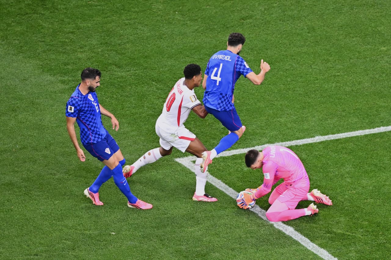 England's Jude Bellingham (10) tries to score as Croatia goalkeeper Dominik Livakovic (1) makes a save during the World Cup Group L soccer match between England and Croatia in Arlington, Texas, near Dallas, Wednesday June 17, 2026.