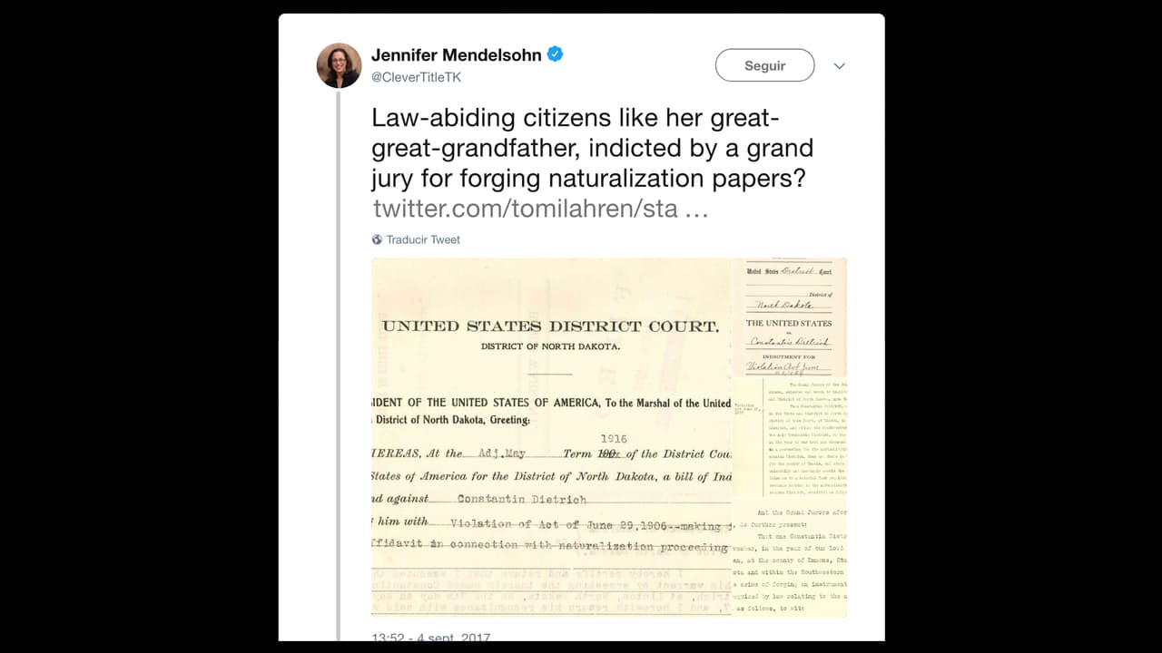 Mendelsohn indagó sobre los 
<a href="https://twitter.com/CleverTitleTK/status/904764041662431233">antepasados de Lahren y publicó</a>: “¿Ciudadanos respetuosos de la ley como su tatarabuelo, acusado por un gran jurado de falsificar documentos de naturalización?”, y mostró los documentos históricos.