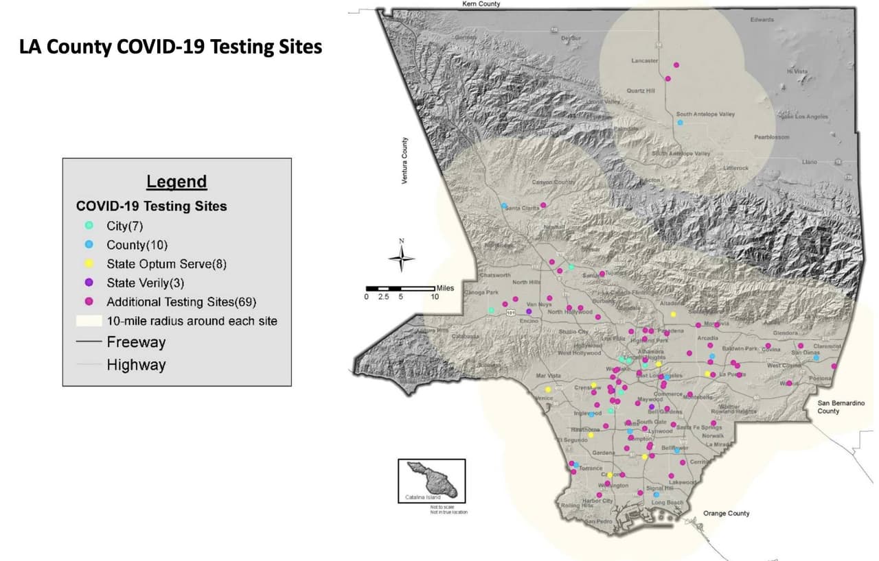 Centros de prueba de coronavirus demarcados por su ubicación geográfica en el condado de Los Ángeles. Datos publicados el 15 de julio del 2020.