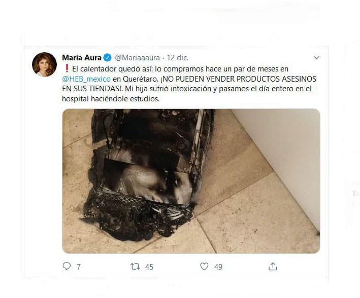 “El calentador quedó así: lo compramos hace un par de meses en @HEB_mexico en Querétaro. ¡NO PUEDEN VENDER PRODUCTOS ASESINOS EN SUS TIENDAS! Mi hija sufrió intoxicación y pasamos el día entero en el hospital haciéndole estudios", escribió la actriz.