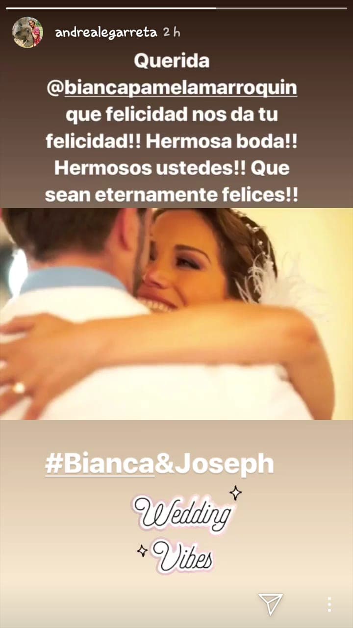 Por su parte, 
<b><a href="https://www.instagram.com/stories/andrealegarreta/" target="_blank">Andrea Legarreta utilizó la misma plataforma</a></b> para dedicarle un emotivo mensaje a Bianca, así como a Joseph, quienes ya se convirtieron en marido y esposa.