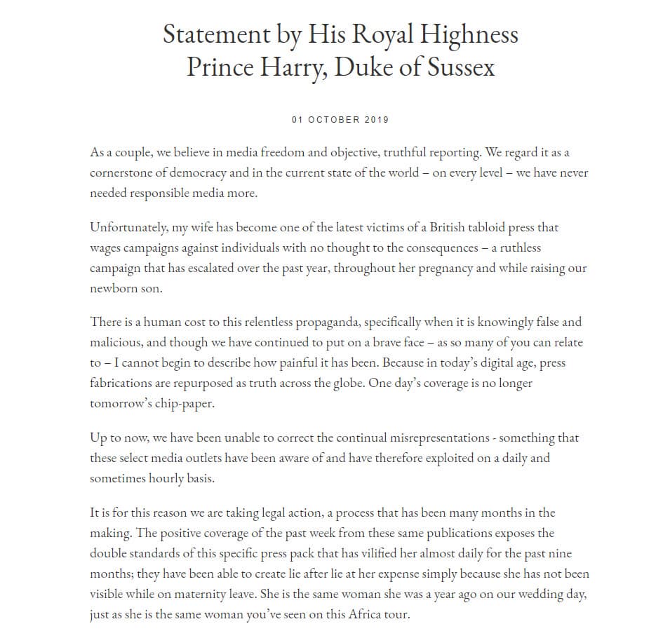 "Desafortunadamente, mi esposa se ha 
<b>convertido en una de las últimas víctimas de una prensa sensacionalista británica</b> que realiza campañas contra personas sin pensar en las consecuencias: una campaña despiadada que se ha intensificado durante el pasado año, durante todo su embarazo y mientras criamos a nuestro hijo recién nacido", se lee en el escrito oficial.