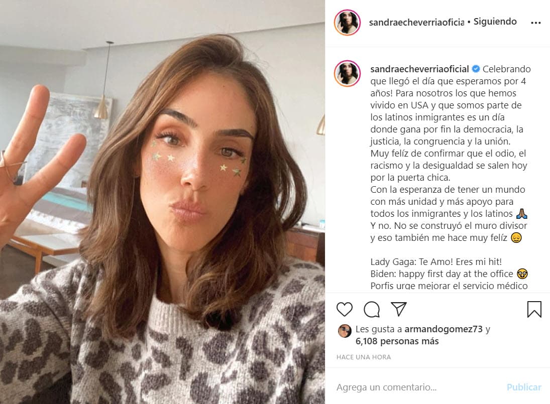 <b>Sandra Echeverría</b> expresó felicidad en las redes: "Celebrando que llegó el día que esperamos por 4 años. Para nosotros los que hemos vivido en USA y que somos parte de los latinos inmigrantes es un día donde gana por fin la democracia, la justicia, la congruencia y la unión [...] Con la esperanza de tener un mundo con más unidad y más apoyo para todos los inmigrantes y los latinos", es parte del mensaje de la actriz.
