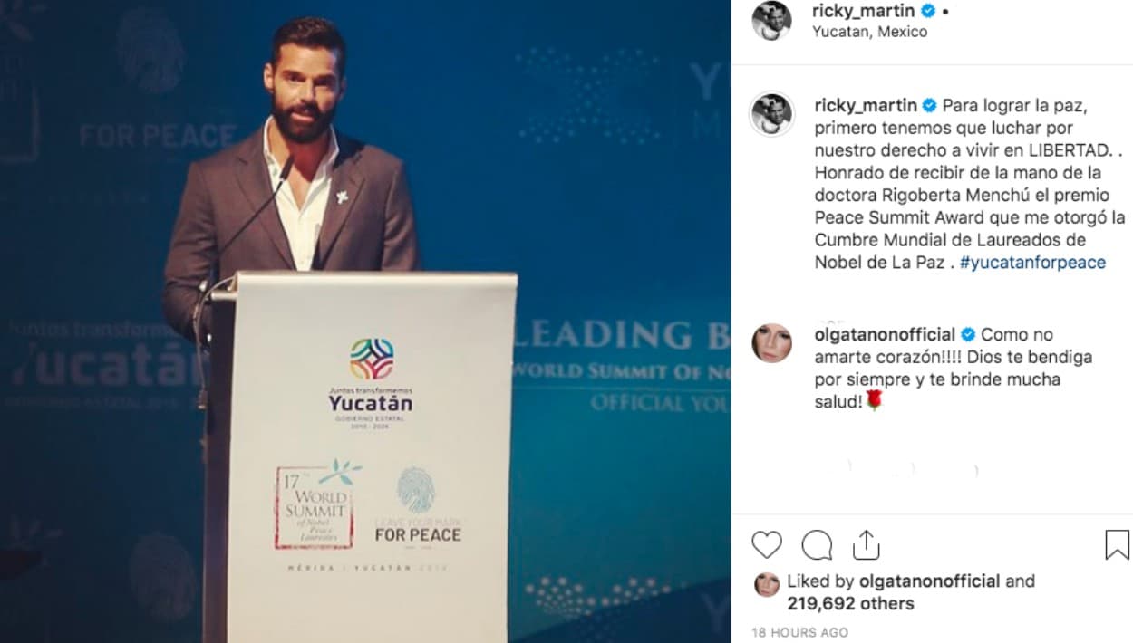 <b><a href="https://www.univision.com/famosos/ricky-martin-aparece-por-primera-vez-con-su-hija-en-brazos-fotos">El papá de Matteo, Valentino y Lucía</a></b>, agradeció emocionado el reconocimiento. "Me provoca 
<b>mucha esperanza</b> comprobar que 
<b>las futuras generaciones </b>se están formando a través de un espíritu de 
<b>amor, equidad, justicia, tolerancia y compasión</b>", dijo el artista, citado por la agencia EFE.