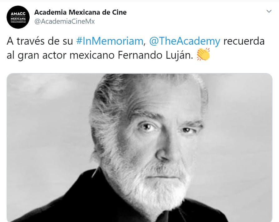 En Twitter, el gesto lo agradeció la
<b><a href="https://twitter.com/AcademiaCineMx/status/1226717662547521536?ref_src=twsrc%5Etfw%7Ctwcamp%5Etweetembed%7Ctwterm%5E1226717662547521536&ref_url=https%3A%2F%2Fwww.eluniversal.com.mx%2Fespectaculos%2Ffarandula%2Frecuerdan-fernando-lujan-en-los-premios-oscar-2020" target="_blank">Academia Mexicana de Cine</a></b>: "A través de su 'In memoriam', la Academia recuerda al gran actor mexicano Fernando Luján".
<br>