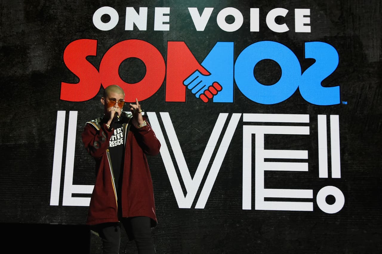 MIAMI, FL - OCTOBER 14: In this handout photo provided by One Voice: Somos Live!, Bad Bunny performs onstage at One Voice: Somos Live! A Concert For Disaster Relief at Marlins Park on October 14, 2017 in Miami, Florida. (Photo by Rick Diamond/One Voice: Somos Live!/Getty Images)