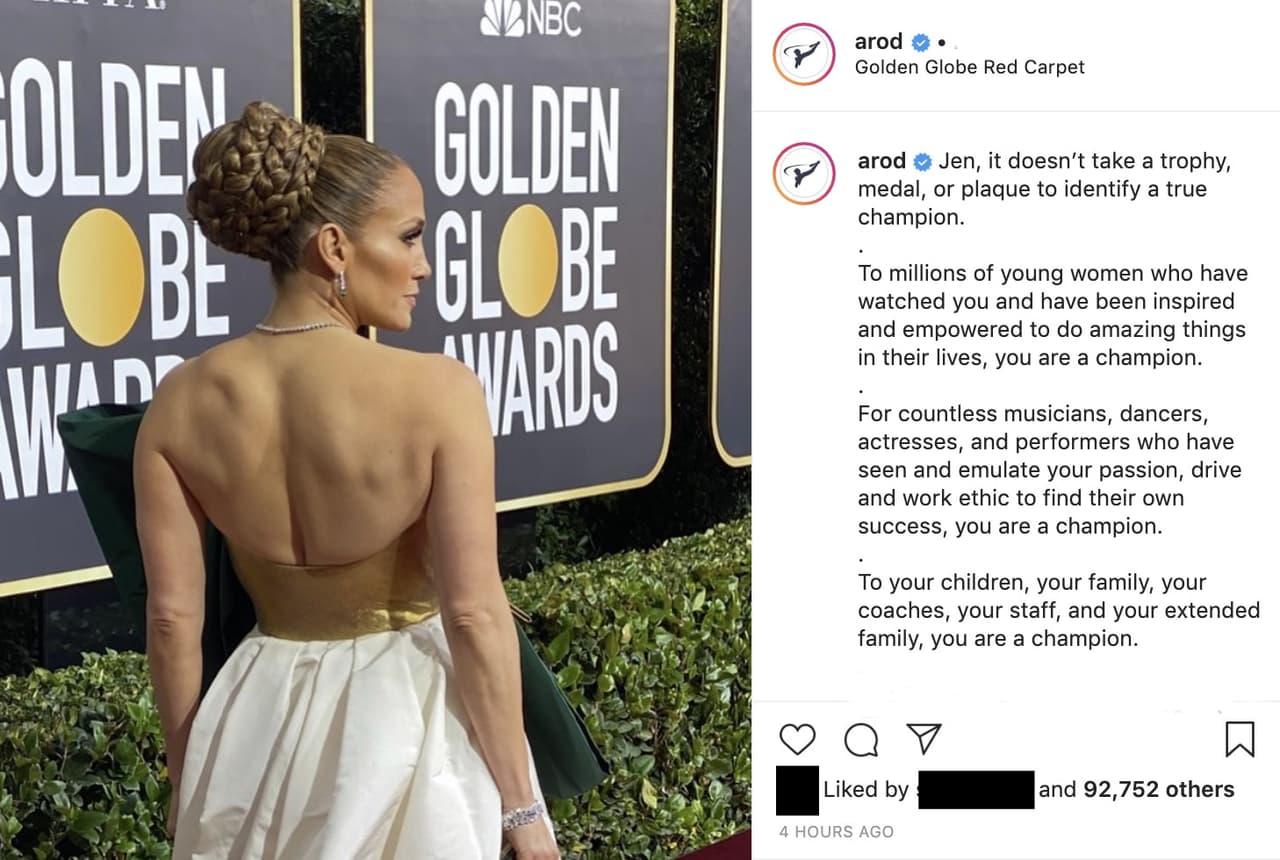 El prometido de Jennifer López esperó a que terminara la ceremonia y publicó este mensaje, empoderando a la artista de 50 años. "Jen, 
<b>un verdadero campeón</b> no necesita de un trofeo, medalla o placa que así lo reconozca", declaró la leyenda de los Yankees de Nueva York.