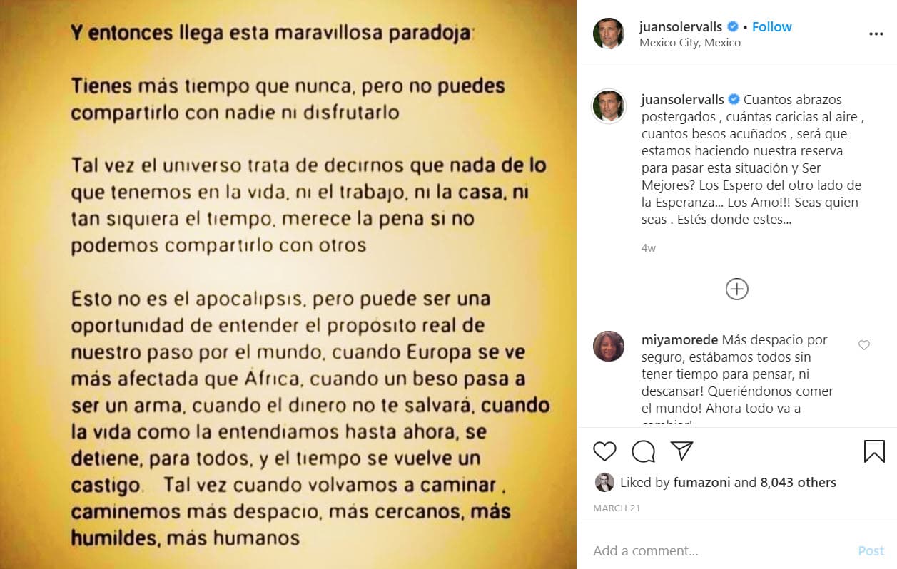 Sin embargo, el 21 de marzo publicó una reflexión sobre el tiempo libre que tiene y
<b><a href="https://www.univision.com/famosos/tras-la-noticia-del-nuevo-novio-de-maki-juan-soler-dice-que-esta-en-eso-tambien-fotos">no puede compartir con una pareja</a></b>.
<br>