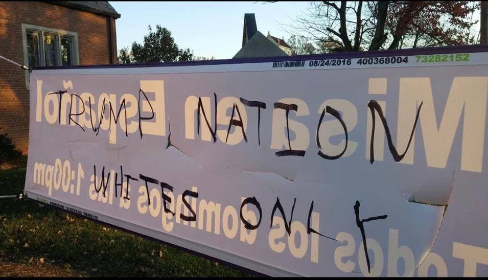 La Iglesia Episcopal de Nuestro Salvador fue vandalizada el 13 de noviembre con letreros de "Nación de Trump. Solo blancos" en un cartel del templo. El incidente fue 
<a href="https://www.facebook.com/dioceseofwashington/photos/a.265459873500257.66740.262491347130443/1270840712962163/?type=3&theater">reportado en Facebook por la Diócesis de Washington</a> y por 
<a href="https://www.washingtonpost.com/local/public-safety/trump-nation-whites-only-montgomery-county-police-investigate-vandalism/2016/11/14/70df452a-aac6-11e6-977a-1030f822fc35_story.html">The Washington Post</a>.
